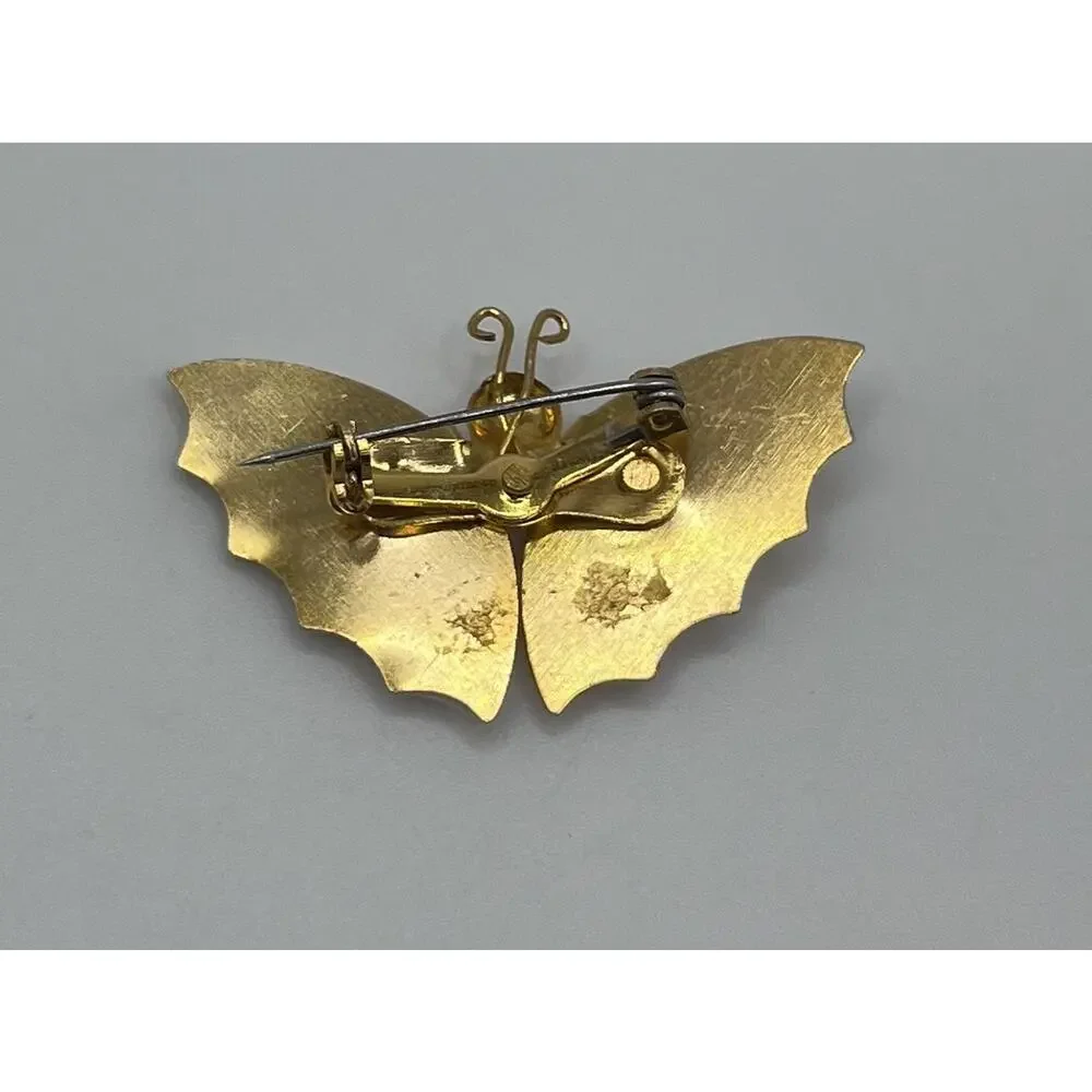 Vintage Gold Tone Pink & White Shell Winged Butterfly Dainty Brooch